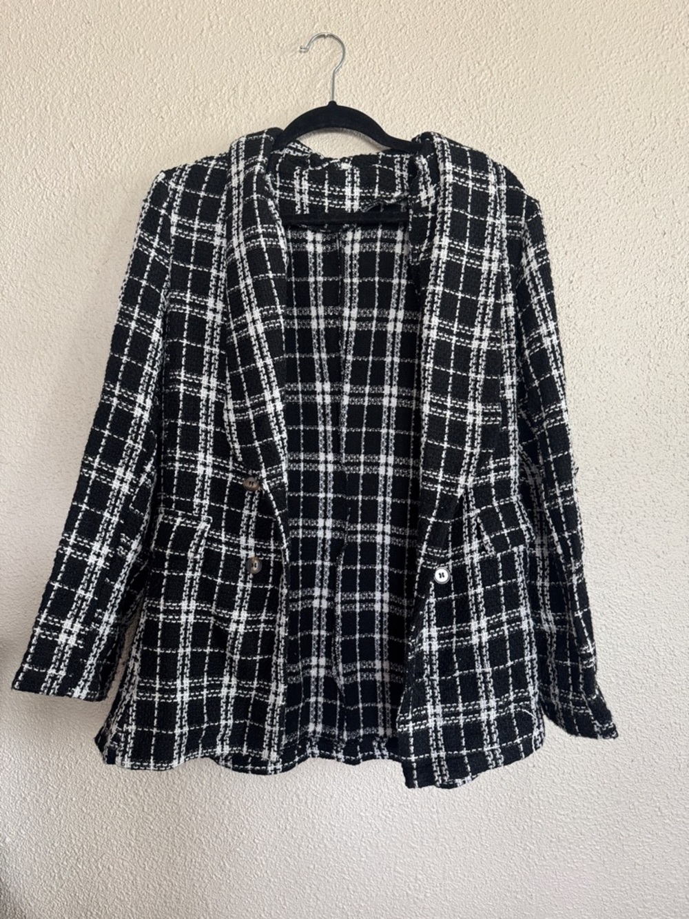 SHEIN Black & White Plaid Tweed Blazer